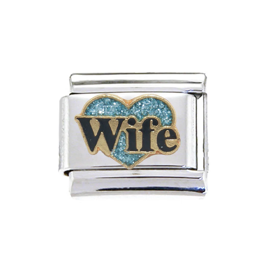 Wife in blue sparkly heart - Enamel 9mm Italian charm